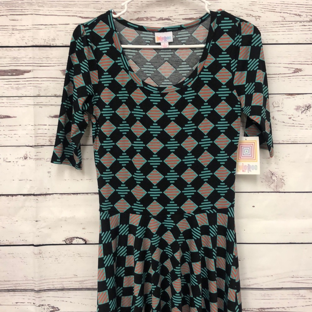 LulaRoe teal orange geometric print Nicole dress